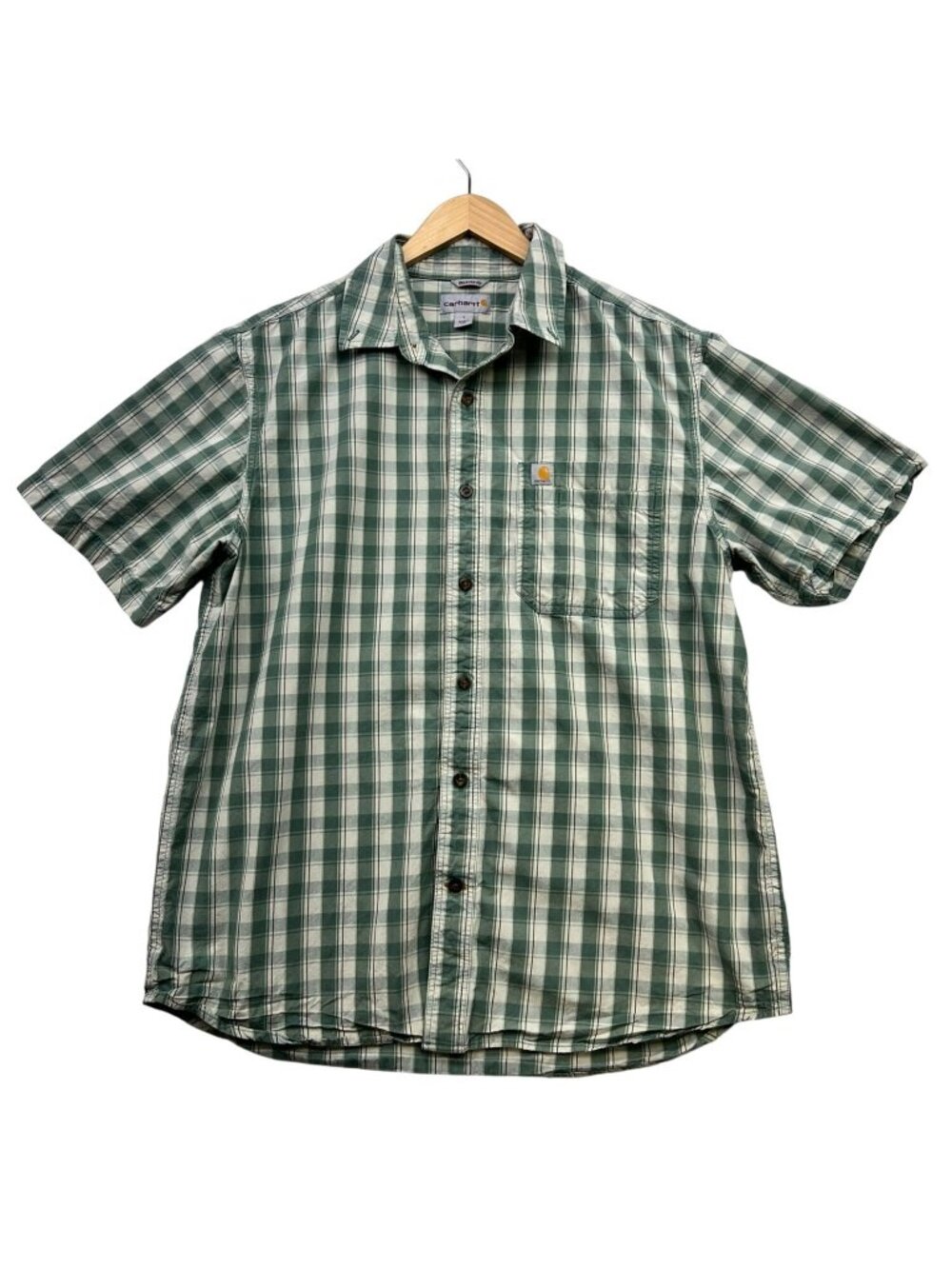 Carhartt Mens Short Sleeve Relaxed Fit Button Up Shirt Large Green Plaid Casual